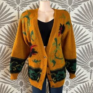 Vintage Mohair Blend Cardigan Womens M Mustard Floral Oversized Boho Grunge